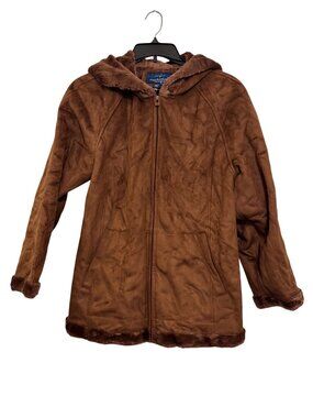 Mackintosh New England Brown Faux Suede Hooded Coat With Faux Fur Trim Size S